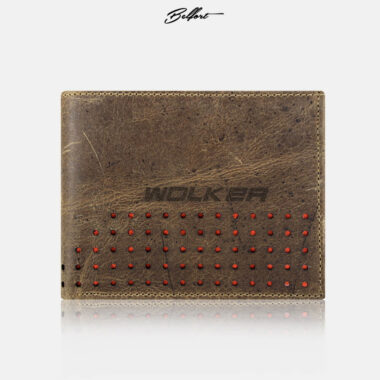 Billetera Belfort Cafe Miel / Cuero Envejecido / Detalles color Naranja.