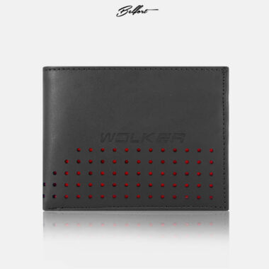 Billetera Belfort Negro / Cuero Envejecido / Detalles color Naranja.