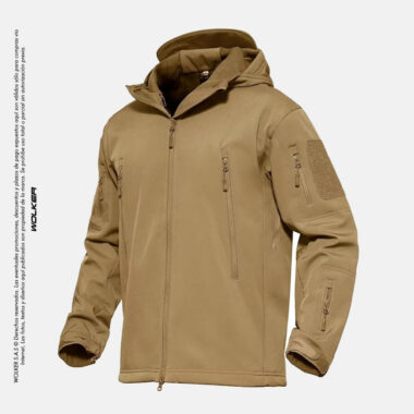 Chaqueta Tactica Arena / Beige con capucha, Multifuncional Semi impermeable.