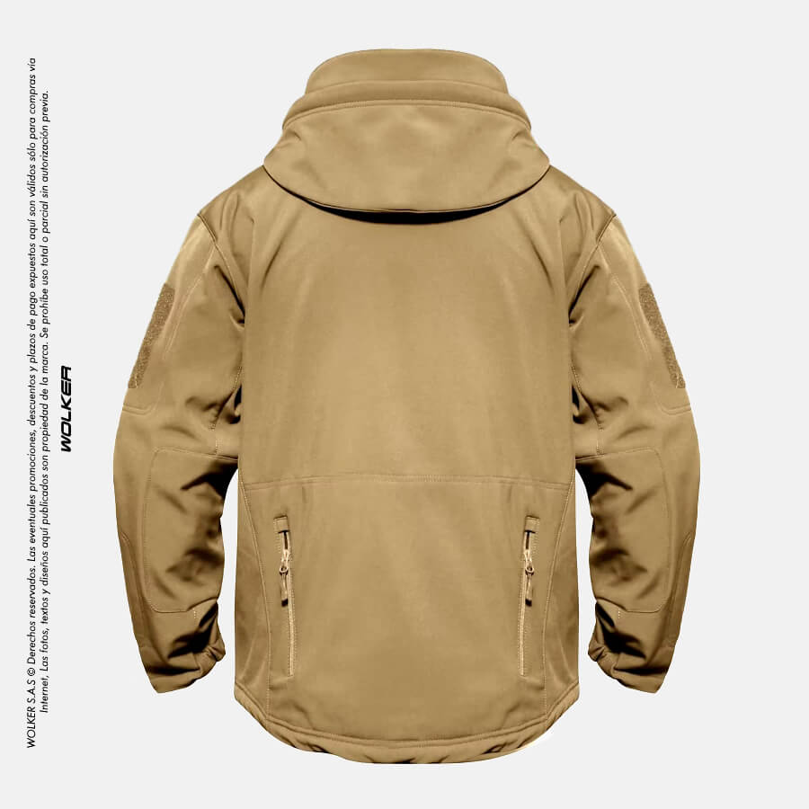 Chaqueta tactica azul semi impermeable para hombre, multifuncional con 7 Bolsillos, Capucha y velcro para parches, Wolker envio gratis a todo Colombia, Chaqueta militar Arena Caqui 2