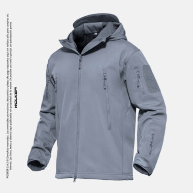 Chaqueta Tactica Gris con capucha, Multifuncional Semi impermeable.
