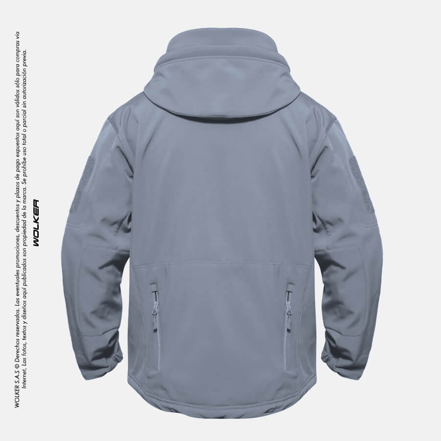 Chaqueta tactica azul semi impermeable para hombre, multifuncional con 7 Bolsillos, Capucha y velcro para parches, Wolker envio gratis a todo Colombia, Chaqueta militar Gris 2