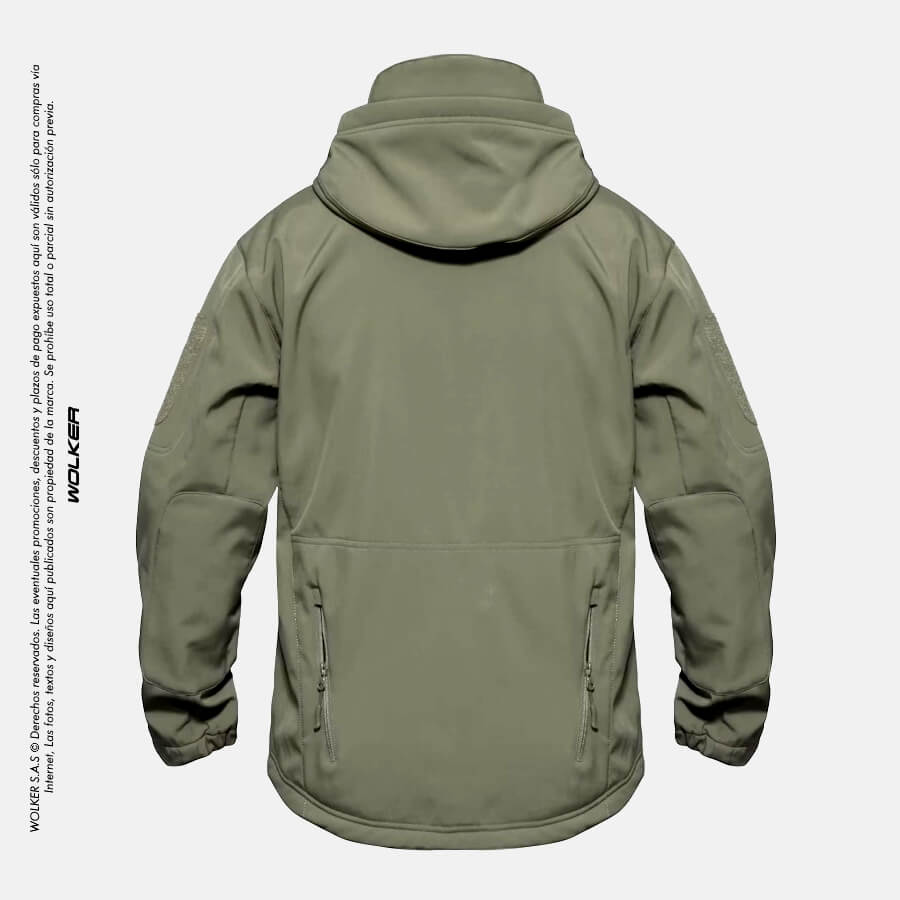 Chaqueta tactica azul semi impermeable para hombre, multifuncional con 7 Bolsillos, Capucha y velcro para parches, Wolker envio gratis a todo Colombia, Chaqueta militar Verde 2